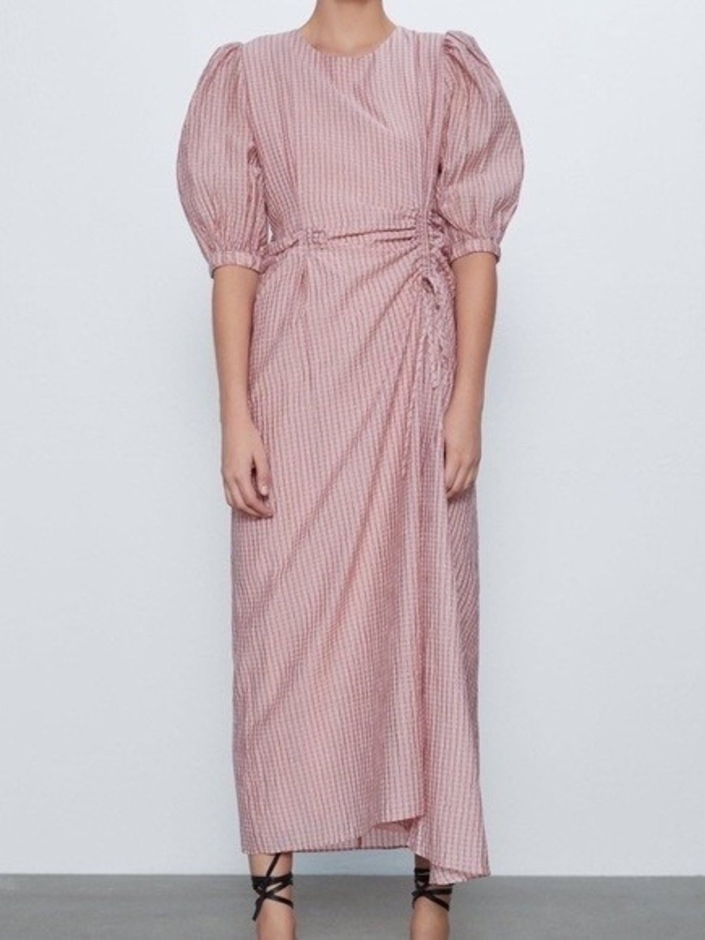 Zara Blush Pink Gingham Maxi Dress with Puff Sleeves